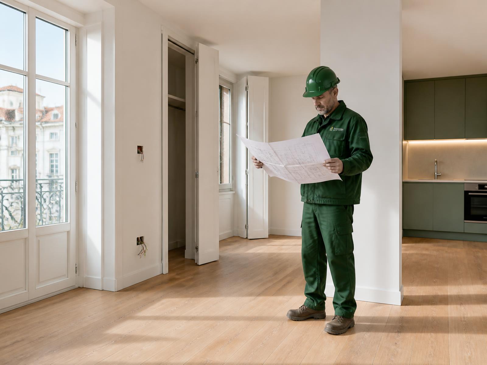 Profissional de obras a analisar a planta de uma remodelação
